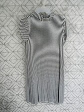 C Dress Size S Gray White Striped Back Buttons Keyhole Short Sleeve Casual Work