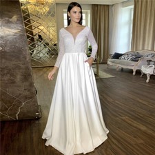 Sparkle Wedding Dresses Long Sleeve V-Neck Lace Up A-Line Satin Bridal Gowns