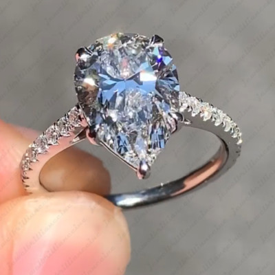 3.65Ctw Certified Pear Cut Moissanite Engagement Ring in 14K White Gold Plated