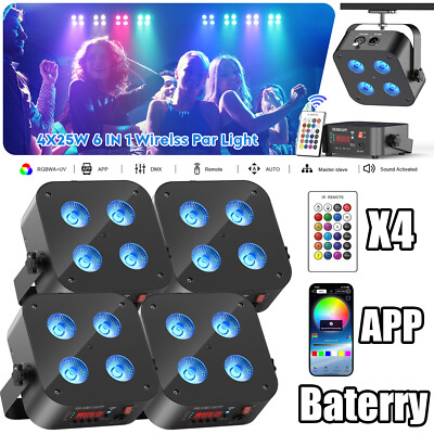 4PCS 6 in 1 RGBWA UV LED Par Light Wash Stage Lighting DMX Halloween w/Remote