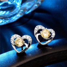 Cute New Silver Plated Round Champagne CZ  Crystal Heart Stud Earrings