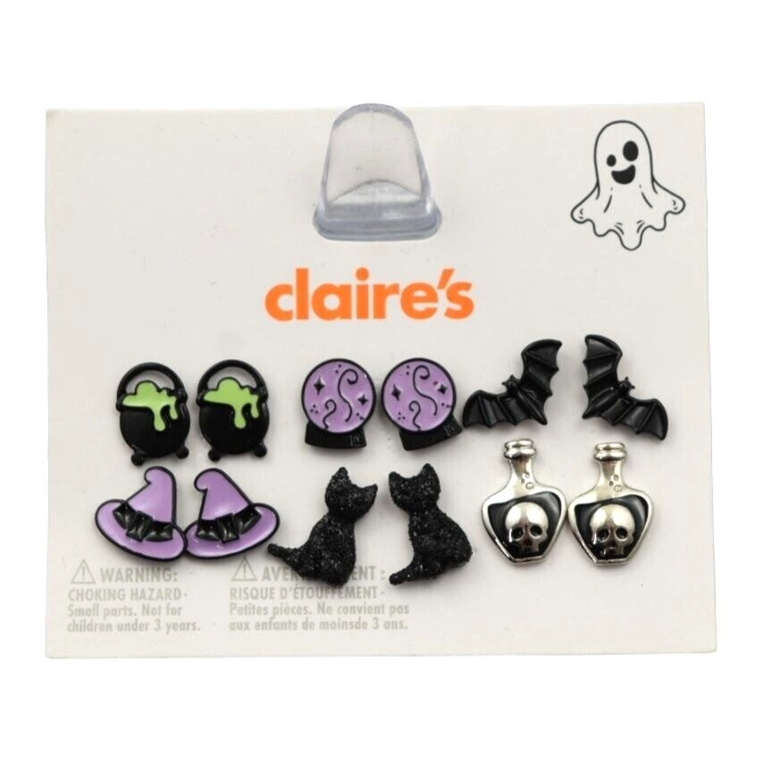 Claires Halloween Stud Earrings Set Of Bats Caldron Witch Hat