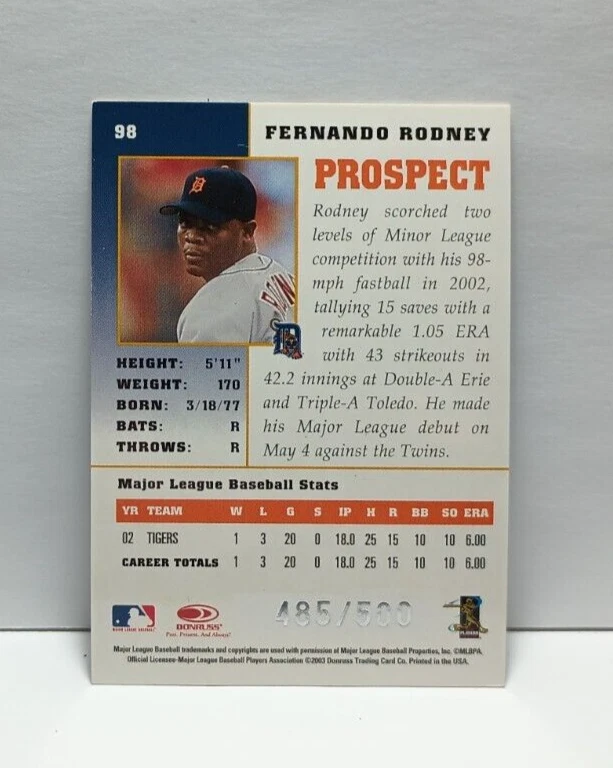 Fernando Rodney 2003 Donruss Champions #98 Autograph Auto Card Tigers /500 - Image 2 of 2