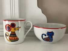 Vintage Bareuther Bavaria Germany Child's Dining Feeding Set Cup Bowl Cat Mouse