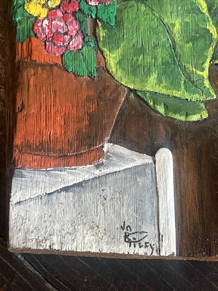 Plant Flowers Hand Carved And Painted Art Signed Charming Shelf Sitter 8.5” - Image 3 of 4