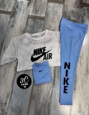 Nike Girls 3 Piece Outfit Set Mesh Top Leggings Headband White Blue 3C Sports