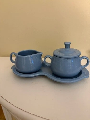 Fiesta Periwinkle Blue Creamer And Lidded Sugar Bowl With Serving Tray