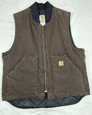 Carhartt Vest Mens Large Brown Duck Canvas Quilt Lined Insulated Zip VO2 DKB