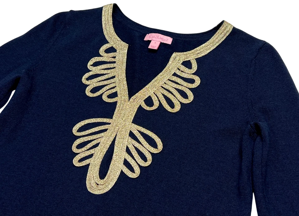 Vestido Lilly Pulitzer Mujer (S) Azul Marino Devlin Lana Merino Suéter Dorado Bordado Foto 3 de 4