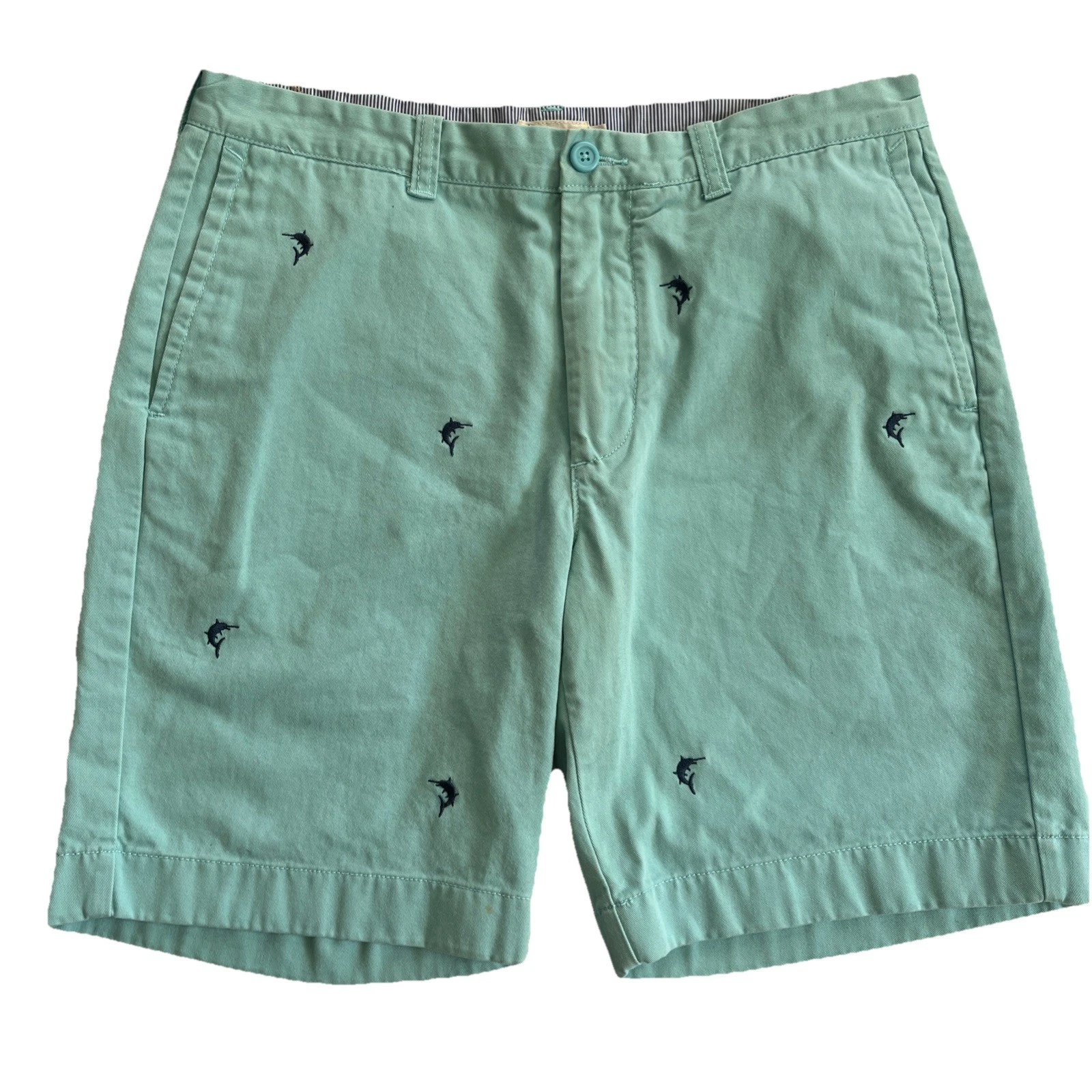 J Crew Shorts Mens 34 Embroidered Sword Fish Chino Flat Front Cotton Vintage