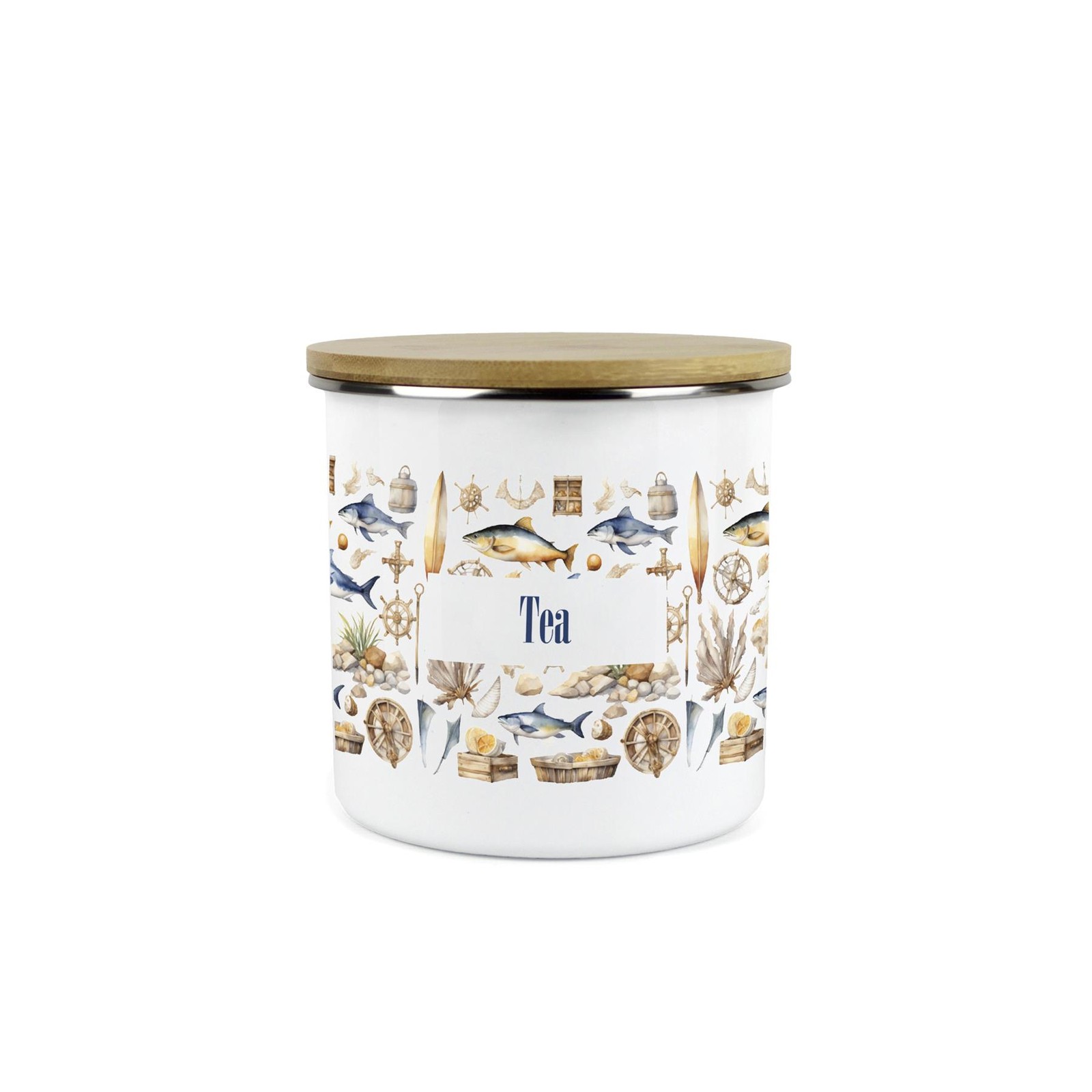 Seaside Maritime Tea Canister - Coastal Enamel Kitchen Storage Jar Gift