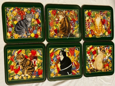 Vintage 1970s Pimpernal England Set of 6 Christmas Cat Cork Coasters Bar ware