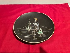Wand-Teller 60er Jahre, Ruscha Keramik, Kranich, Reiher, signiert, Email-Glasur