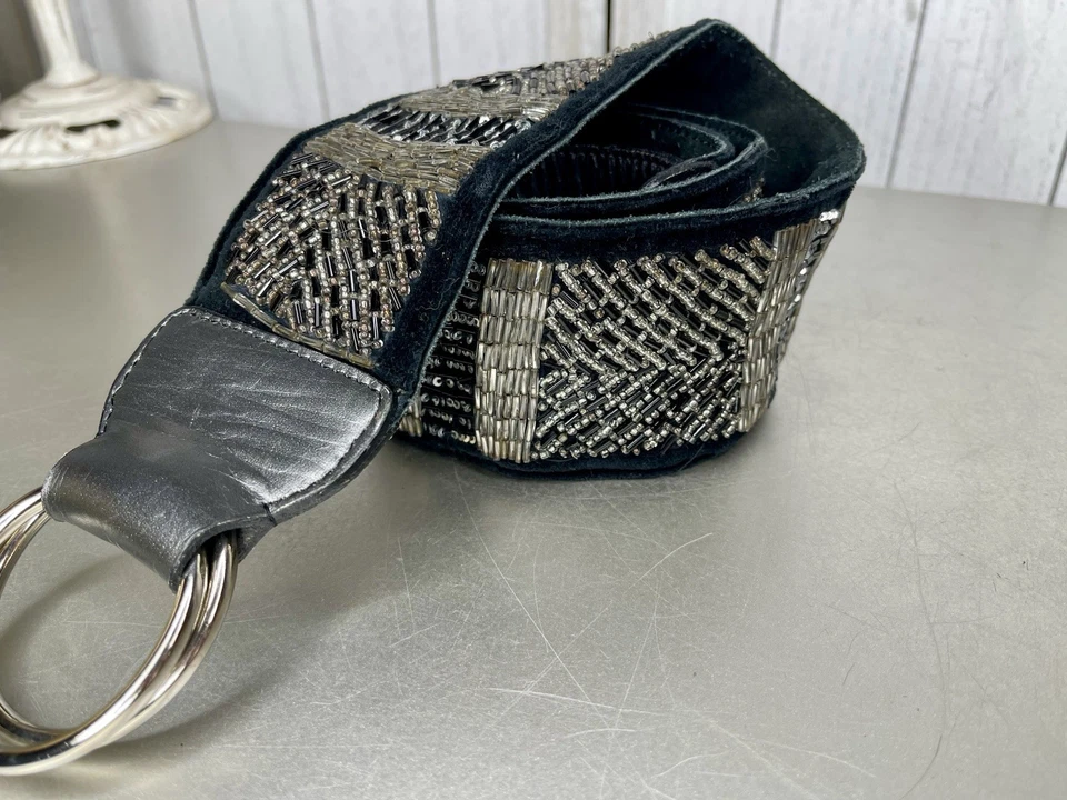 Vintage CHICOs Black Suede Leather Seed Bead Glam Boho Hip Belt Large - Image 2 of 4