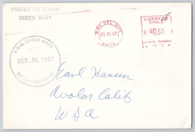 Vina del Mar, Chile RMS Queen Mary posted on board ship cancel, 1967