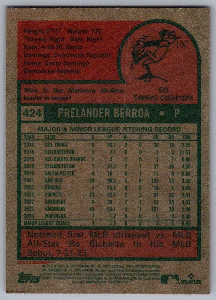 2024 Topps Heritage Prelander Berroa Rookie Seattle Mariners #424 - Image 2 of 2