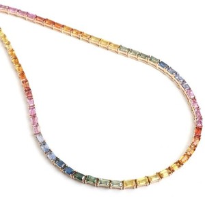 Authentic 15CT Women's Lab Created Rainbow Sapphire Tennis Necklace 14k Yellow Gold Plated