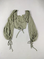 J For Justify Shirt Womens XL Green Smocked Ruched Crop Puff Sleeve Boho
