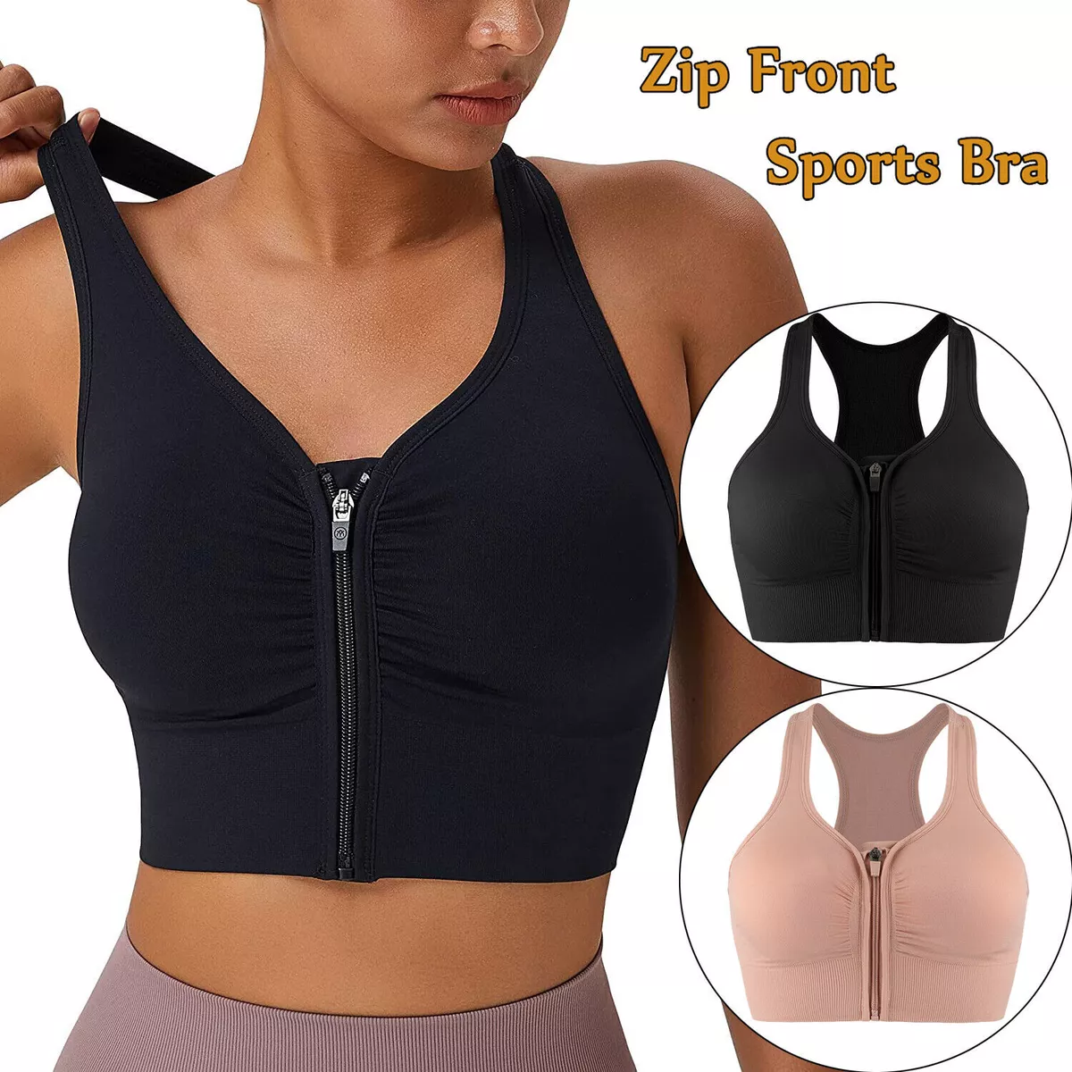 Women's Zip Front Sports Bra Wireless Post-Surgery Bra Active Yoga