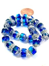 New Czech Glass Cathedral Beads Sapphire Sky Blue Picasso Silver Finish Wash 8mm