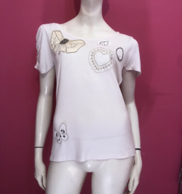 DERHY white t-shirt shirt with beads and rhinestones size L