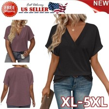 XL-5XL Plus Size Women Short Sleeve V Neck T Shirt Summer Black Loose Tunic Top