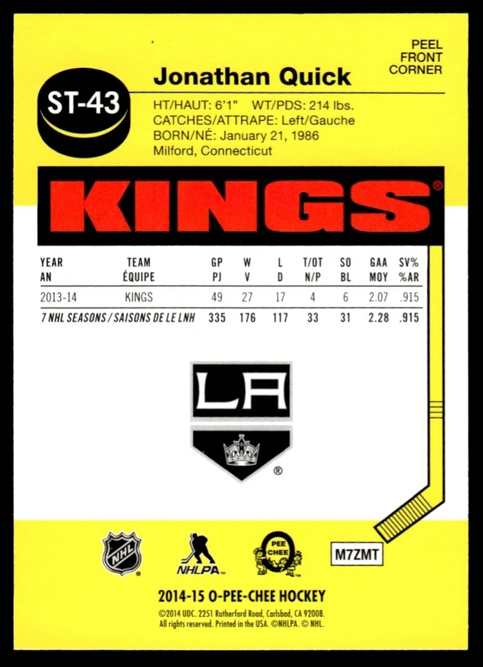 2014-15 O-Pee-Chee Stickers Jonathan Quick Los Angeles Kings #ST-43 - Image 2 of 2