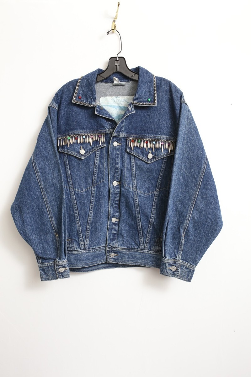 VTG M FREEGO Blue Denim Jean Jacket Beads and Charms Embellished