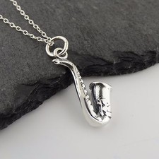 Saxophone Necklace - 925 Sterling Silver Charm Sax Music Musical Instrument