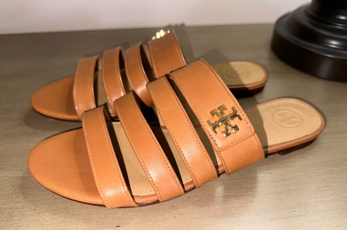 TORY BURCH Kira slides sandals sz 7 M Tan leather EUC