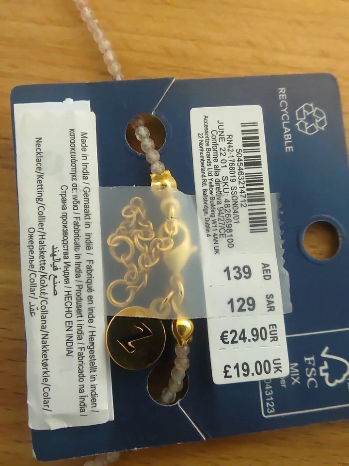 Collar con cuentas de cuarzo fresa chapado en oro de 14 quilates Accessorize, nuevo con etiquetas Foto 3 de 3