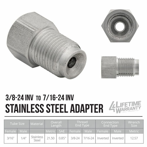 Stainless Steel Brake Line Adapter, F(3/824 Inverted) to M(7/1624