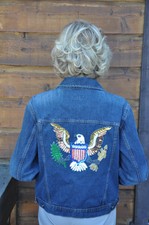 Denim Jacket W. Eagle And Stars Patches Usa Red White And Blue Upcycled Size Xl