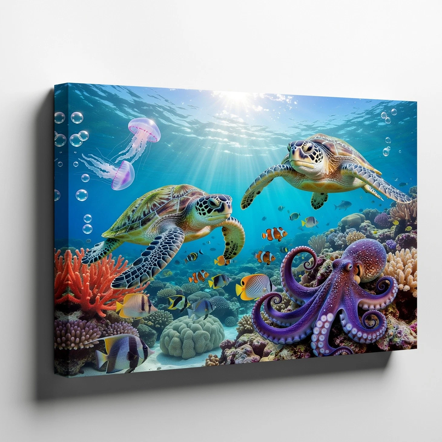 Underwater Sea Life Canvas Wall Art with Sea Turtles Octopus Coral Reef Print