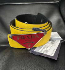 Prada Men  s Saffiano Leather Reversible Belt- Black/Yellow