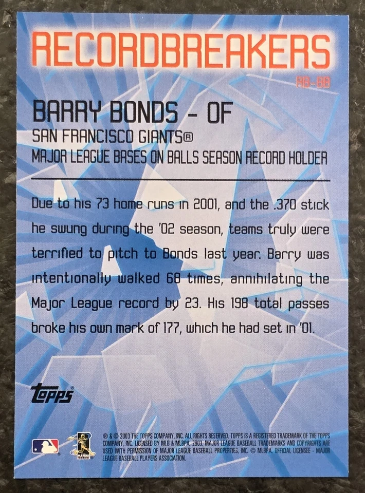 BARRY BONDS 2003 Topps Baseball Record Breakers Insert #RB-BB Giants - Image 2 of 2