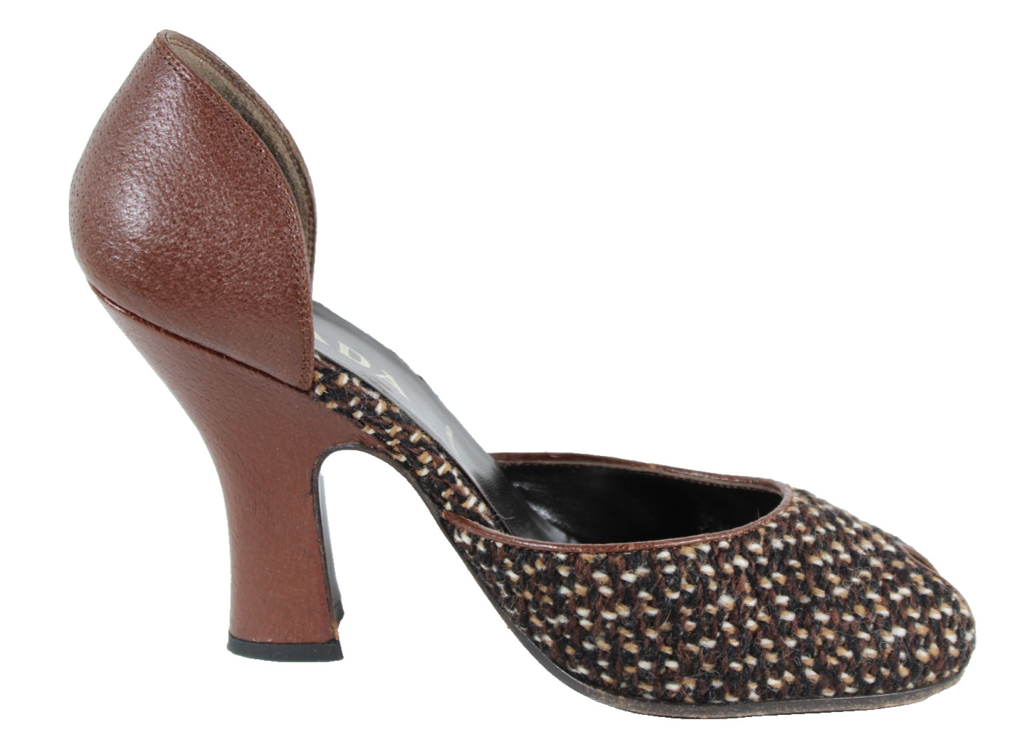 PRADA Vintage Brown Leather & Tweed Peep-Toe D'Orsay Curved Heels Pumps 38 thumbnail 7