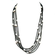 925 Sterling Silver White Baroque Pearl  Black Spinel Necklace 28 in