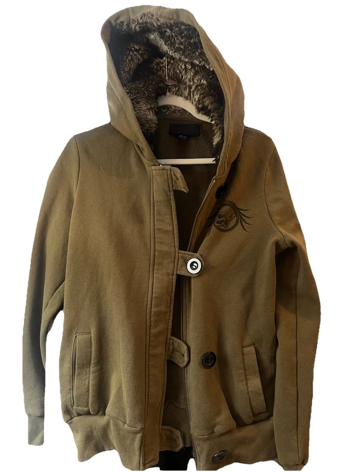 Fox Y2K Racing Mujer Juniors XL Forrada de Piel Sudadera con Capucha Verde Oliva Cremallera Chaqueta Foto 2 de 4