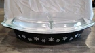 Vintage Pyrex Black Snowflake Divided 1 -1/2 Qt Covered Casserole w/ Clear Lid