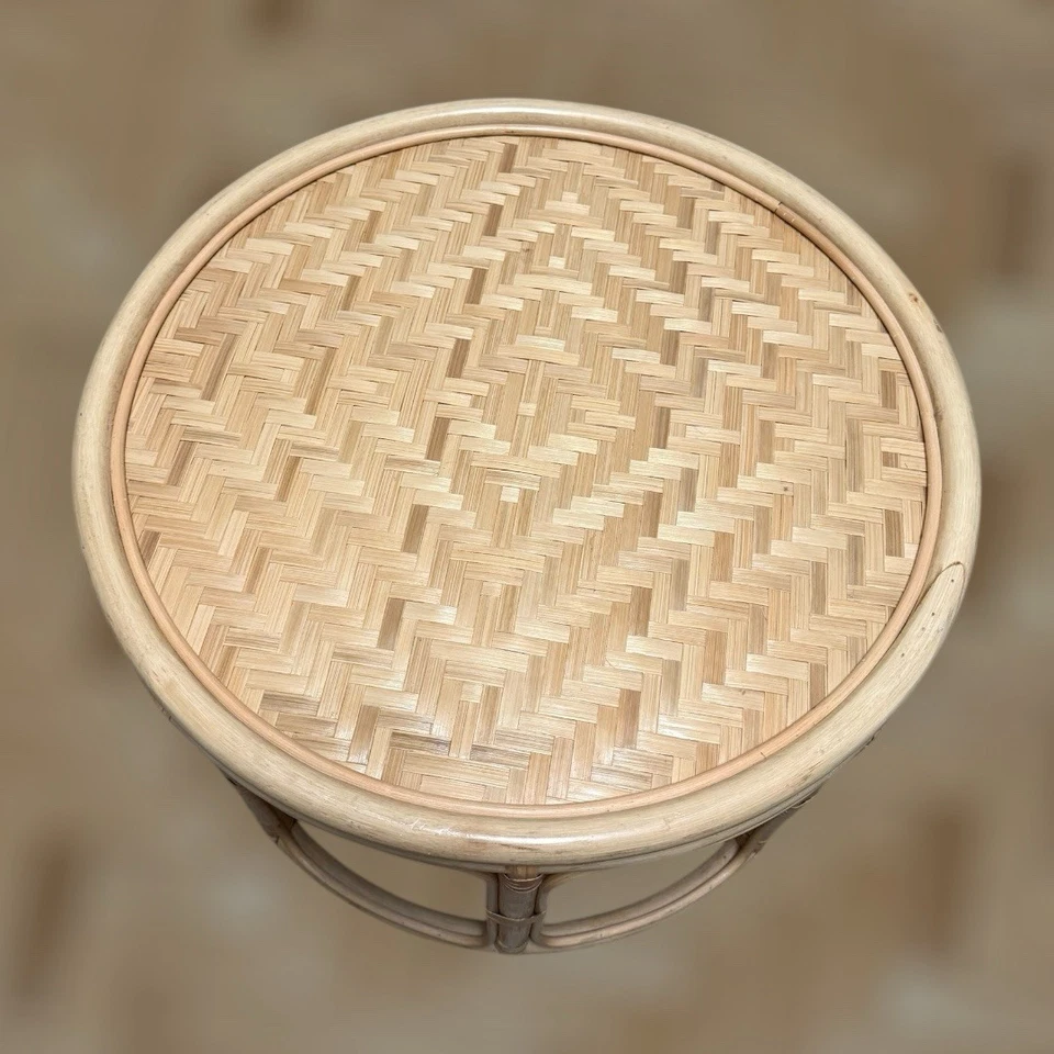 Rattan Bamboo Round Natural Wood Side Table 22” Circumference 14” Tall - Image 3 of 4