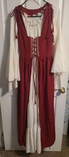 Women s Renaissance Medieval Costume Dress S/M Red White Corset Gown Bell Sleeve