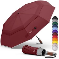 Windproof Folding Travel Umbrella Compact and Strong Luxurious Real Wood Hand...