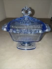 Vintage Indiana Glass Sky Blue Pedestal Lidded Compote Candy Dish Lace Edge