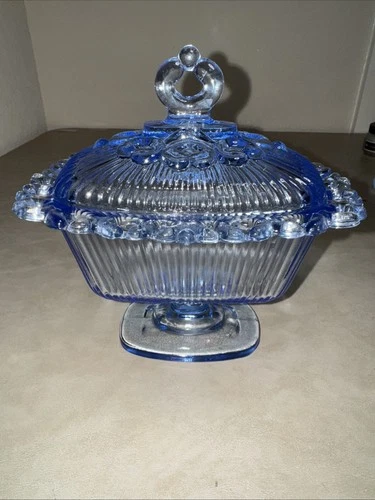 Vintage Indiana Glass Sky Blue Pedestal Lidded Compote Candy Dish Lace Edge