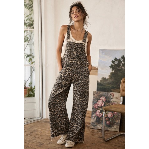 Aaron & Amber Leopard Print Wide Leg Denim Overalls Brown Boho Grunge Medium