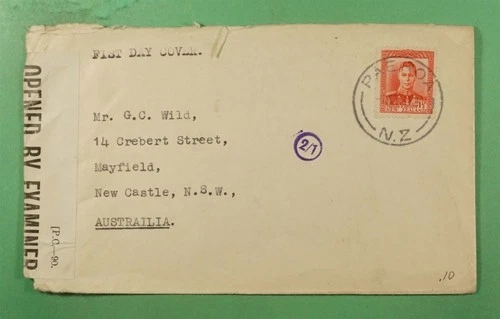DR WHO 1942 NEW ZEALAND FDC KGVI PAEROA TO AUSTRALIA WWII CENSORED R47953