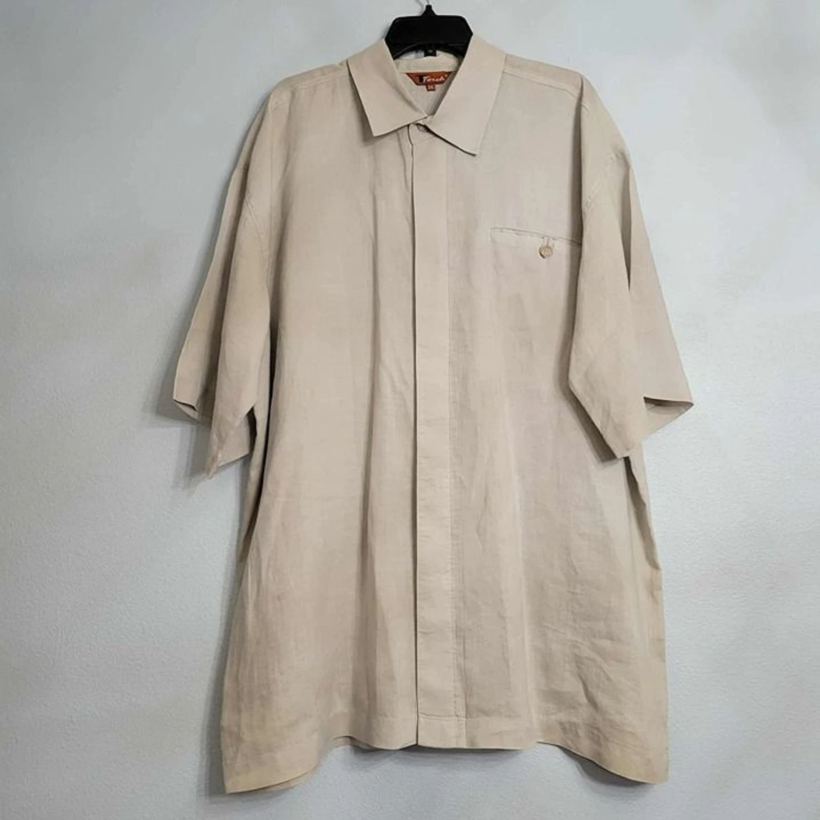 100% Linen Short Sleeve Button Up Mens Shirt Beige 90s Streetwear Fly Front 2X
