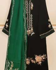 Black Green Chiffon Floral Embroidered Salwar Kameez Unstitched
