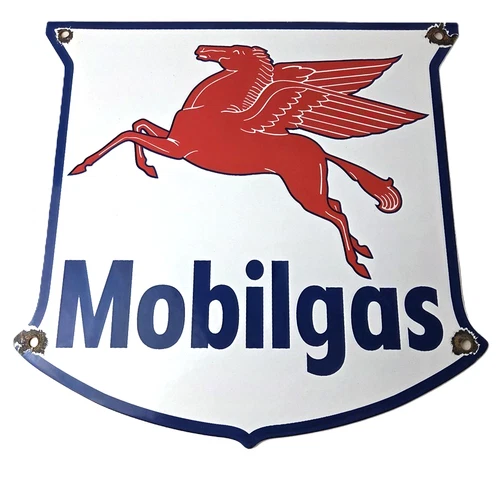 Vintage Mobilgas Sign - Porcelain Mobil Gasoline Pegasus Shield Gas Pump Sign